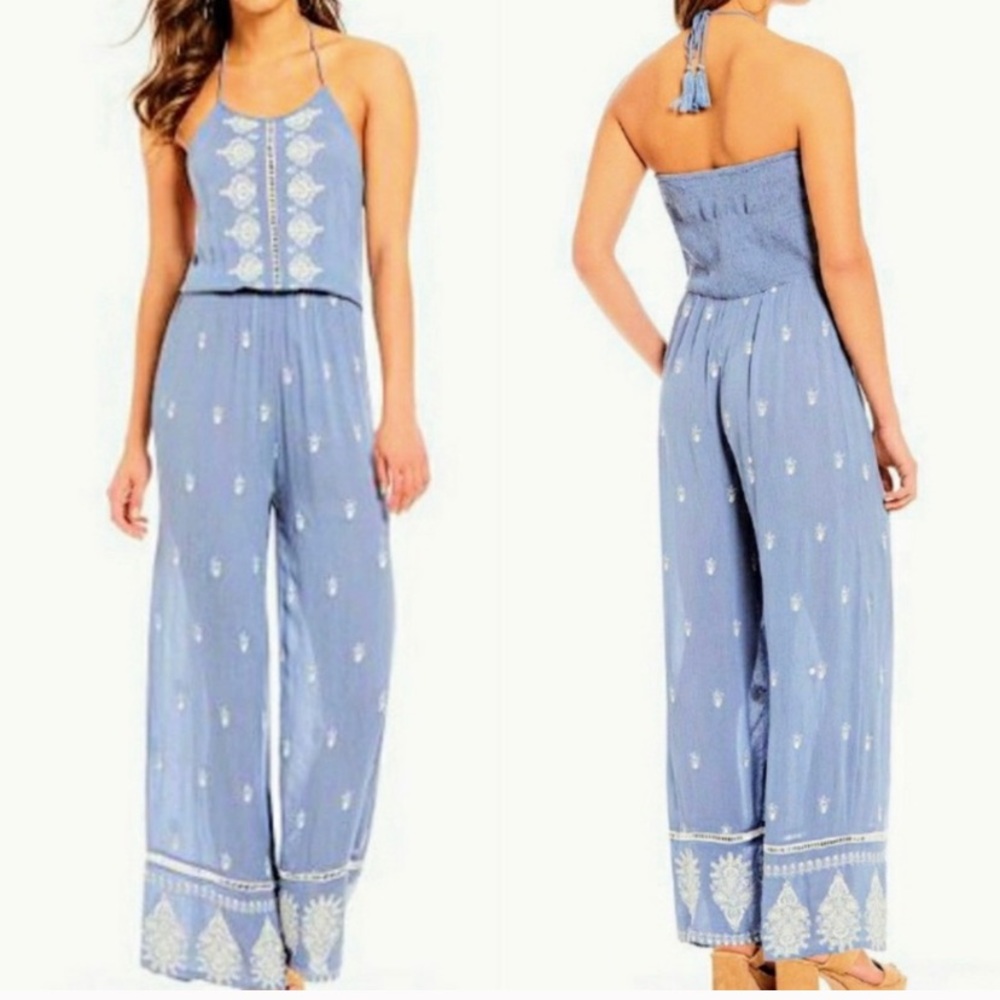 Chelsea & Violet blue embroidered jumpsuit size medium lavender purple romper